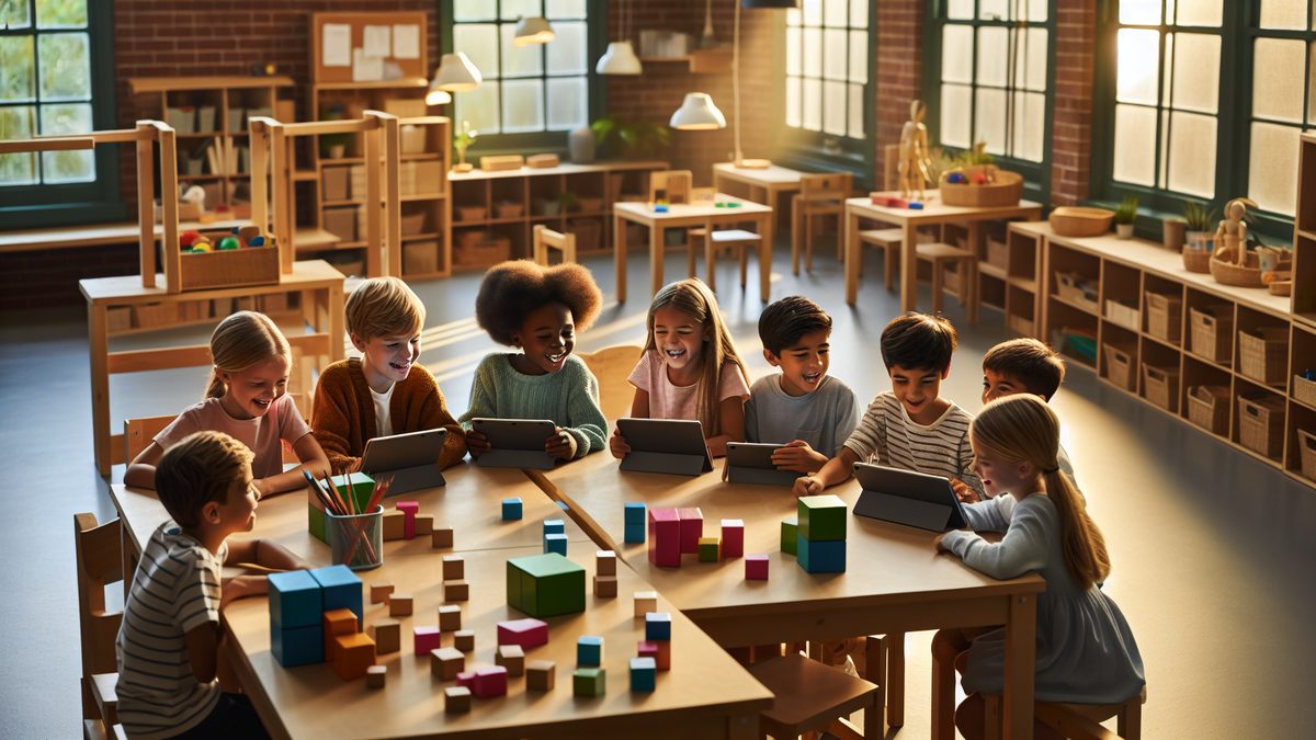 Children working together on a Montessori activity during after-school enrichment at Amici in Ahwatukee