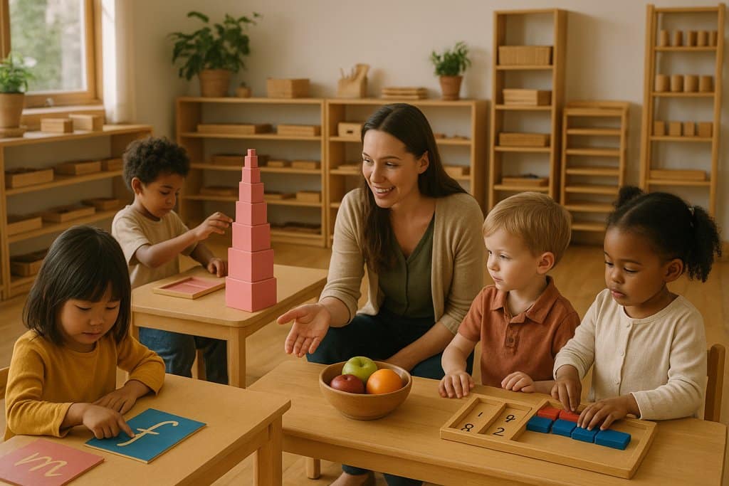 Children working with Montessori materials in an immersion classroom