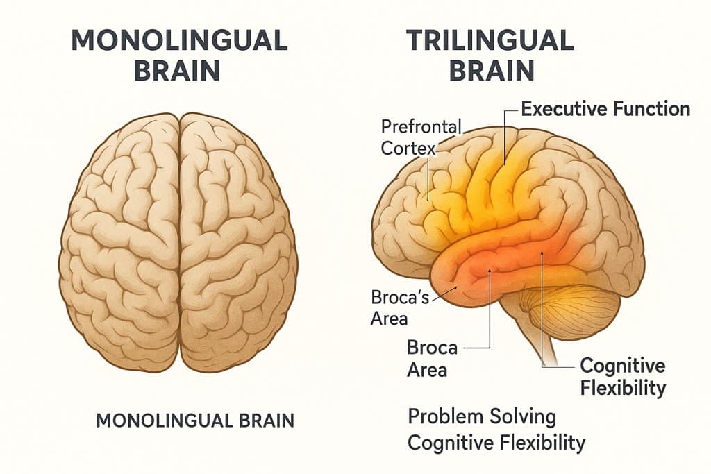 Trilingual brain vs monolingual brain comparison infographic